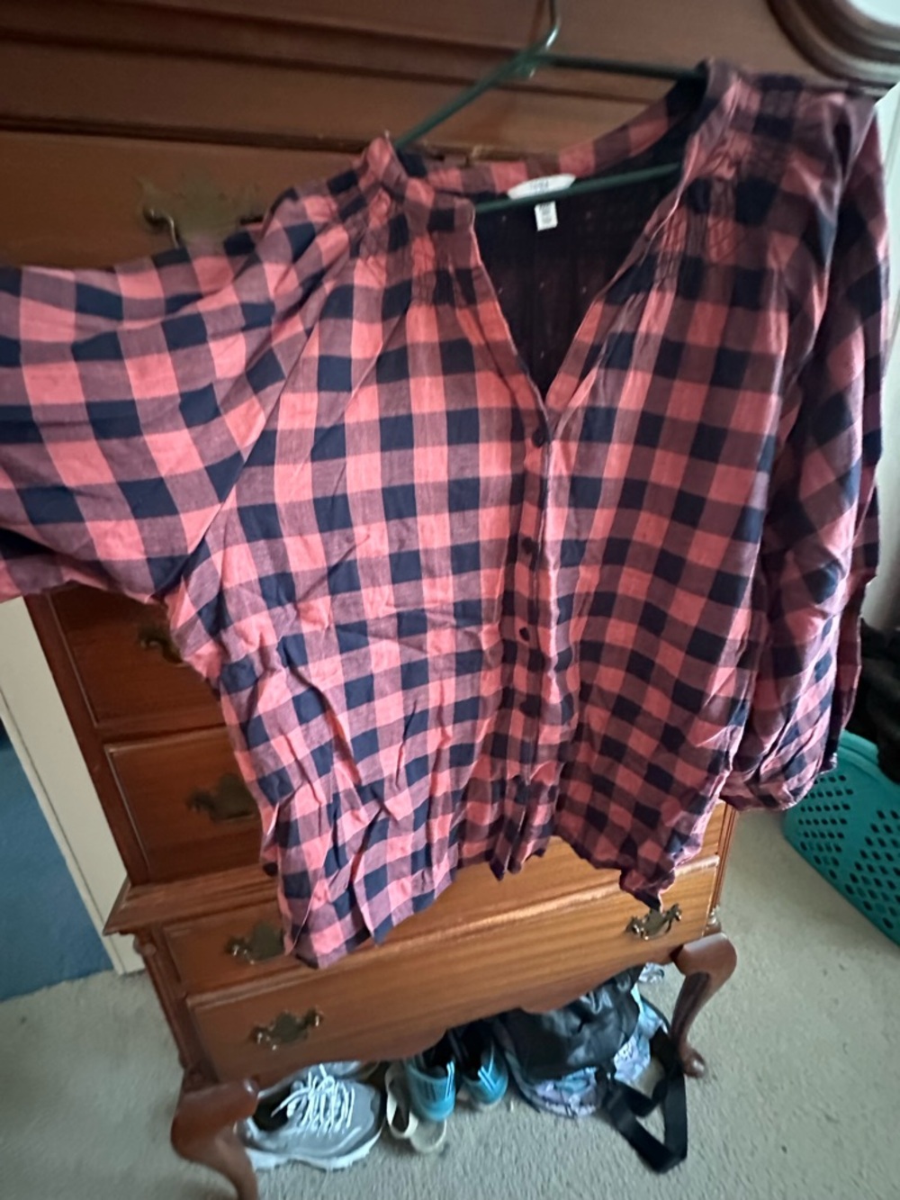 Time and Tru Pink and Black Buffalo Plaid Button-Front Women's Top